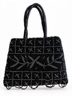 Vintage Mustafa Singapore Beaded Mini Evening Bag Zip Top Black Y2K Clutch Glam